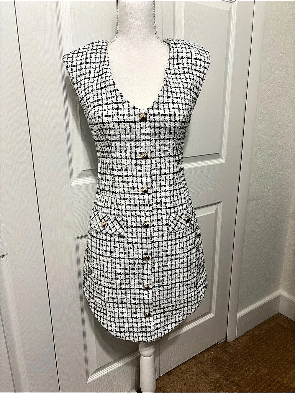 Amanda Uprichard Archie Dress Checkered Mini White & Black XS